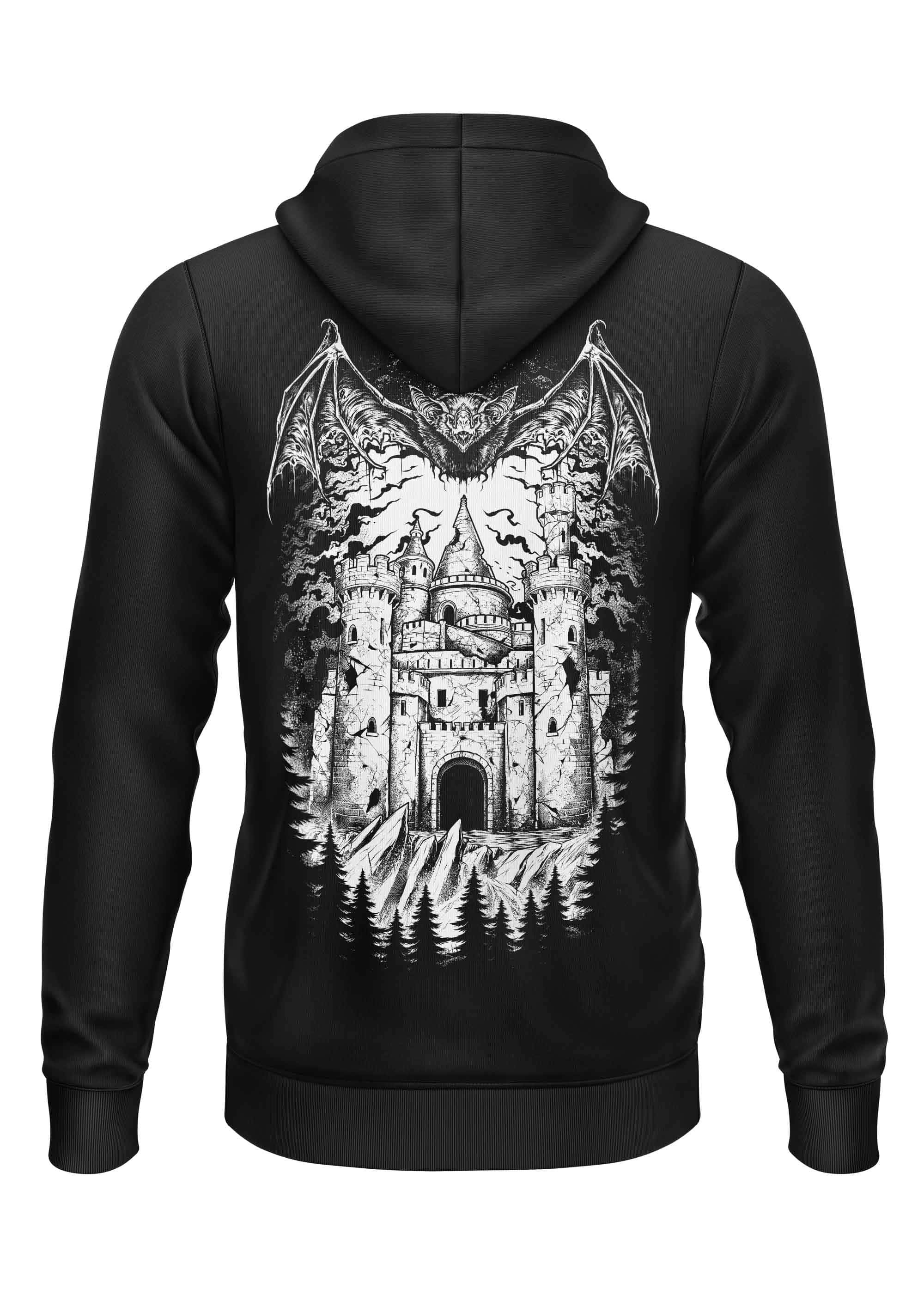 Schwarzer zip-up hoodie mit detailliertem weißem gothic schlossgrafik und fledermäusen auf der rückseite